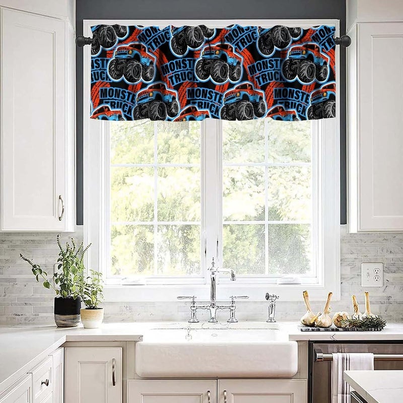 Wallira 3D Monster Truck Valance Curtain Cartoon Teens Freestyle Colorful Race Rod Pocket Short Window Treatments for Kitchen Kid Boys Bedroom Nursery Bathroom Living Decor Drapes 54x18inch - Image 2